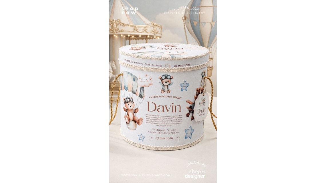 Trusou Botez Băieți Little Aviator Ursuleț Aviator Personalizat Bleu Pudrat si Ivory 4
